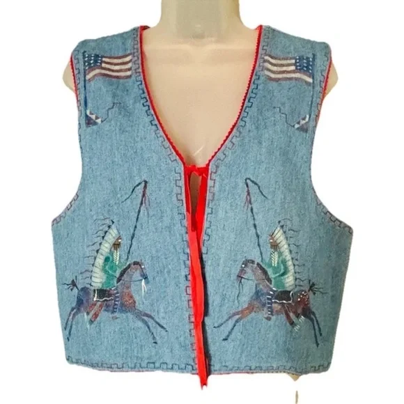 Patricia Wolf handpainted Americana denim vest indian ponies USA flag RTL $495 M - Picture 10 of 10